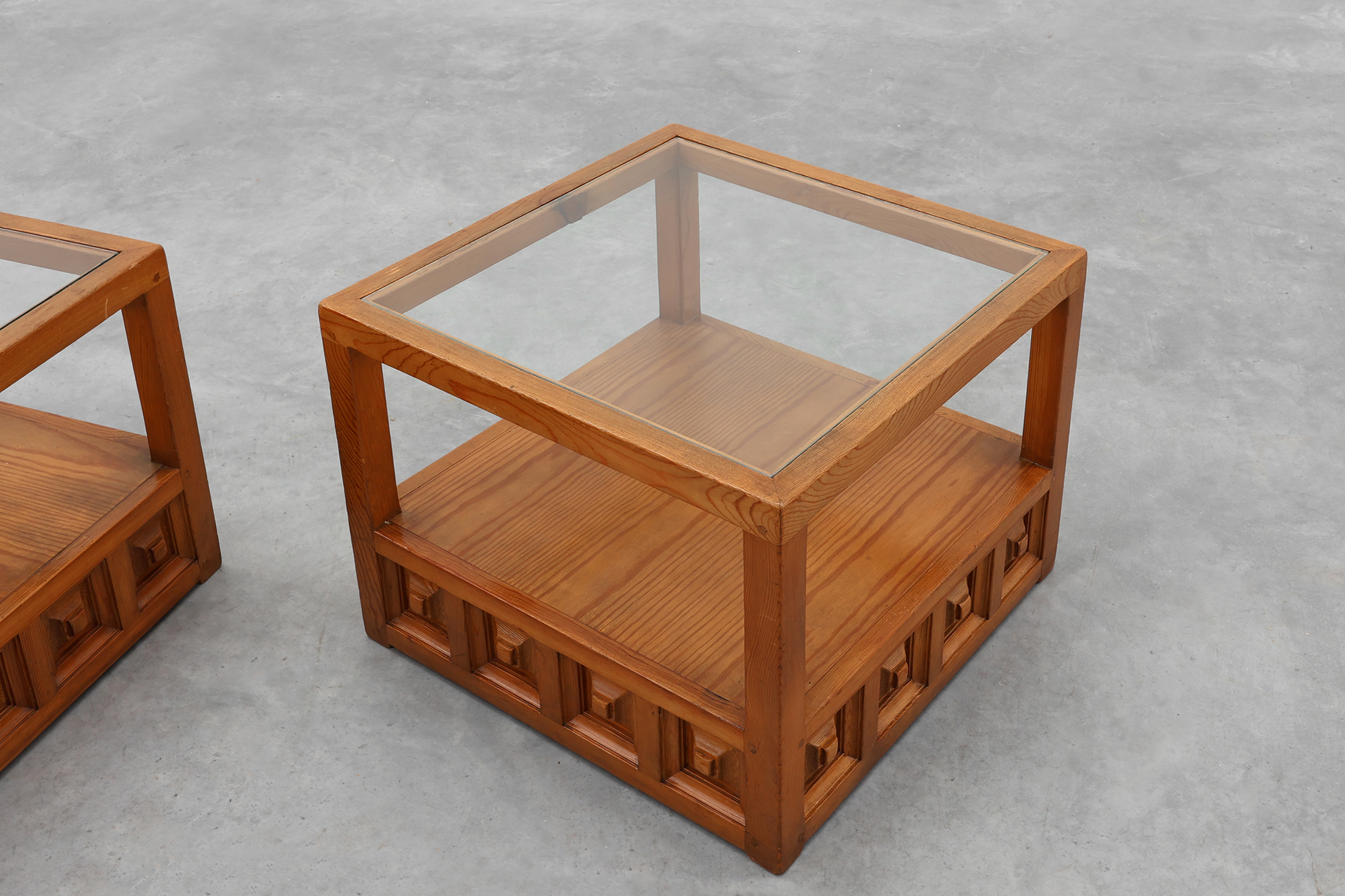 Pair geographical designed square Biosca coffee tables in pine wood, Spain 1960sthumbnail